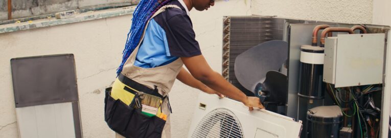 Proficient worker starting comission on defective air conditioner, meticulously disassembling condenser metal front coil panel. Capable electrician dismantling hvac system to check for dust